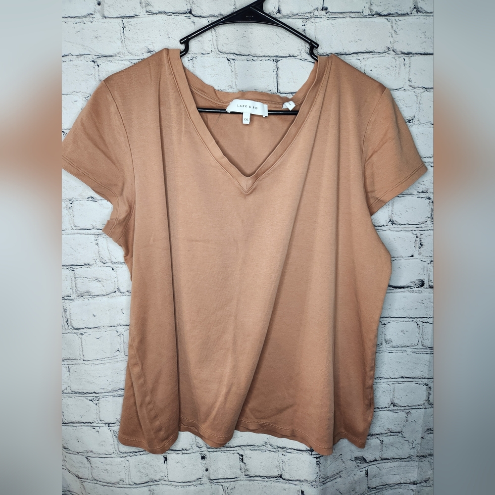 Lark & Ro Women's‎ Light Brown Khaki Short Sleeve V-Neck Top Size 2XL
